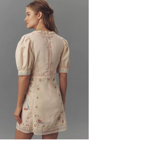 By Anthropologie Linen Blend Puff-Sleeve V-Neck Mini Dress 14 new nwt - Picture 5 of 7